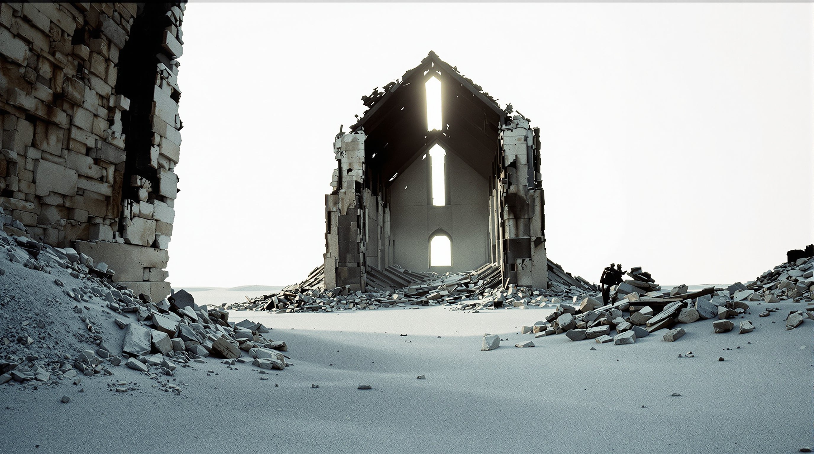 A burned-out cathedral interior with grey ash drifted across the stone floor under a collapsed roof.