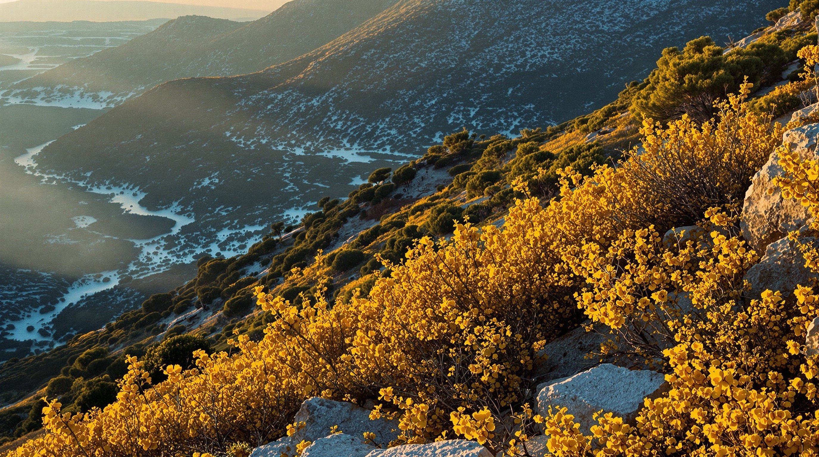 Golden resin glowing on rockrose scrub and limestone boulders on a windswept hillside at winter dusk.