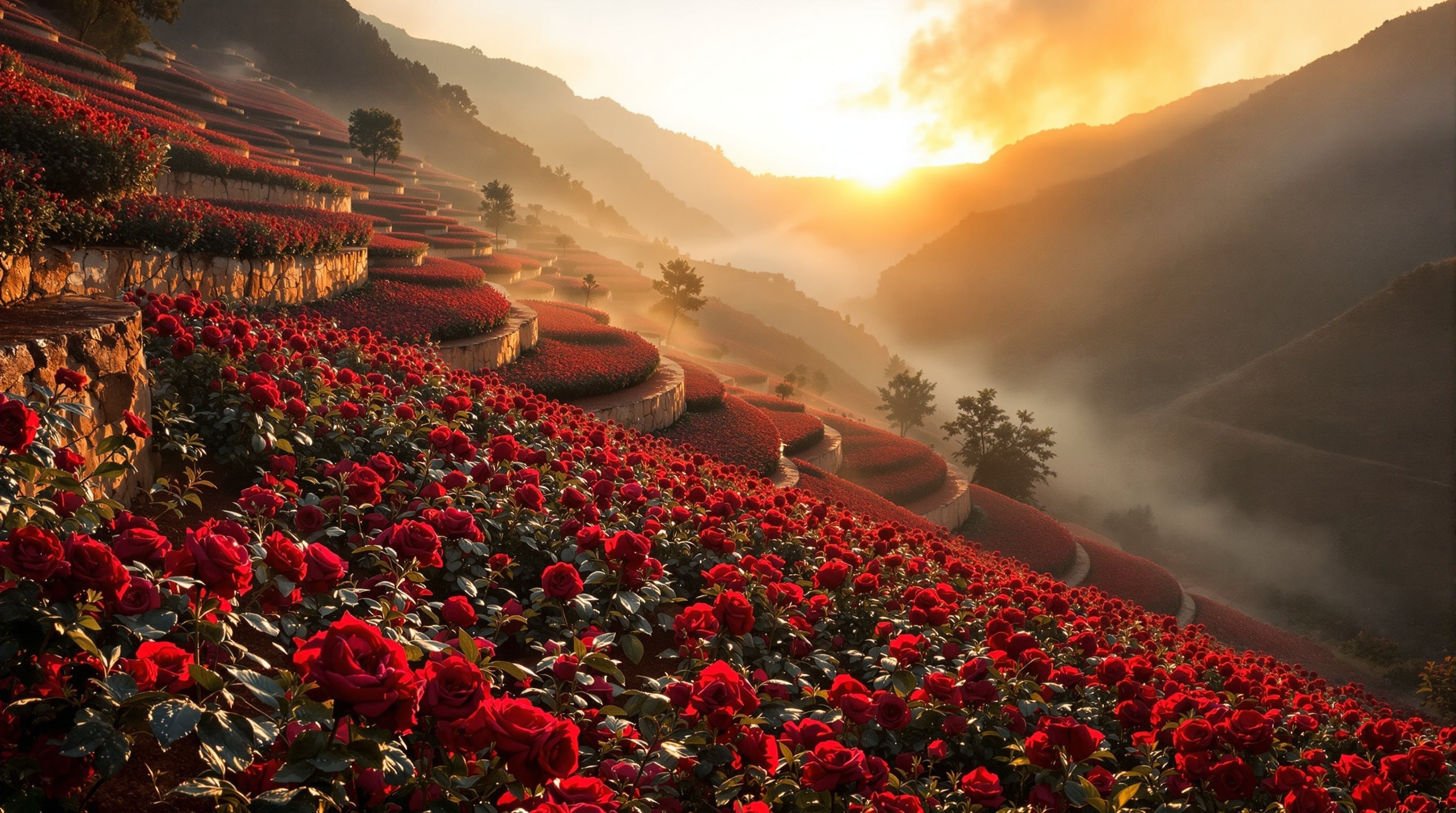 Terraced hillside rose fields at dawn, dew on crimson blooms in front and dark smoke drifting over the upper rows.