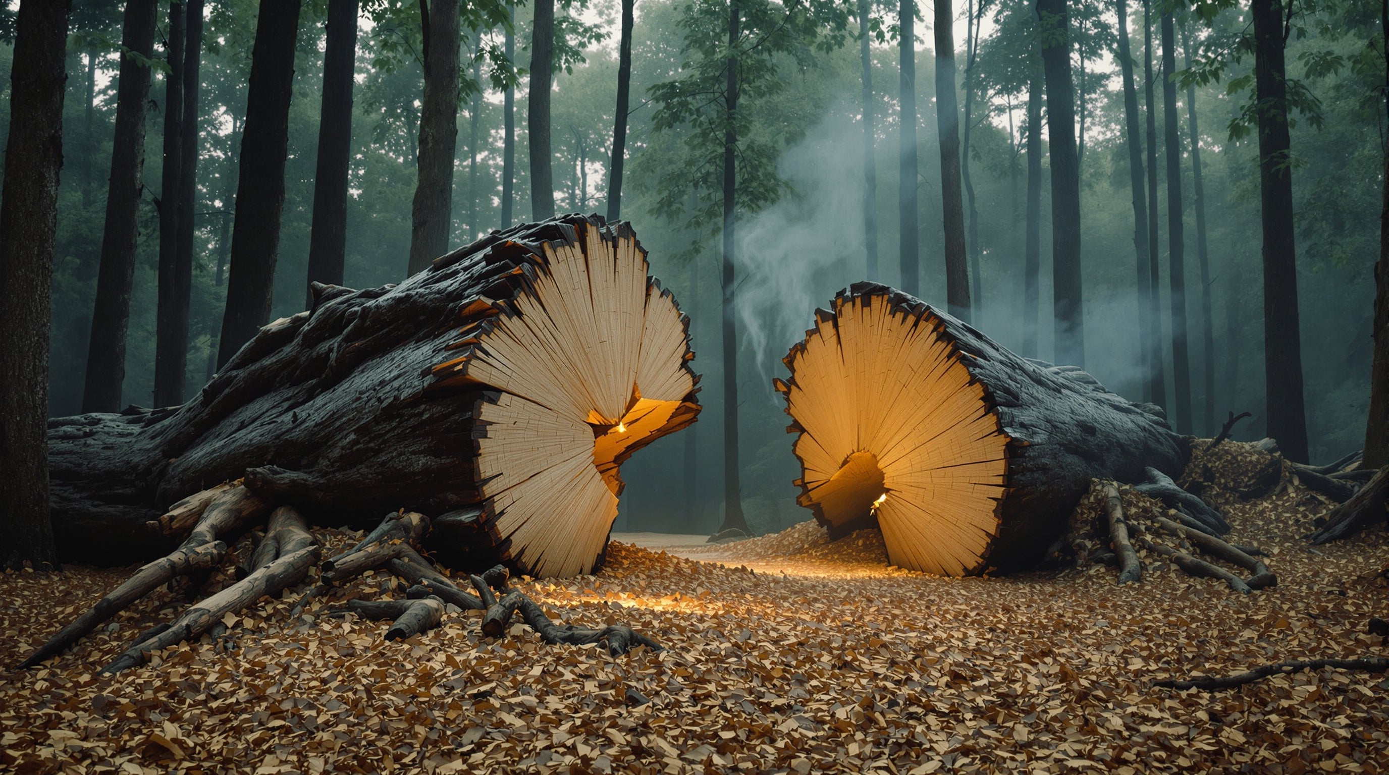 A split sandalwood trunk showing pale heartwood on a misty forest floor among tall dark cedars in slanted morning light.