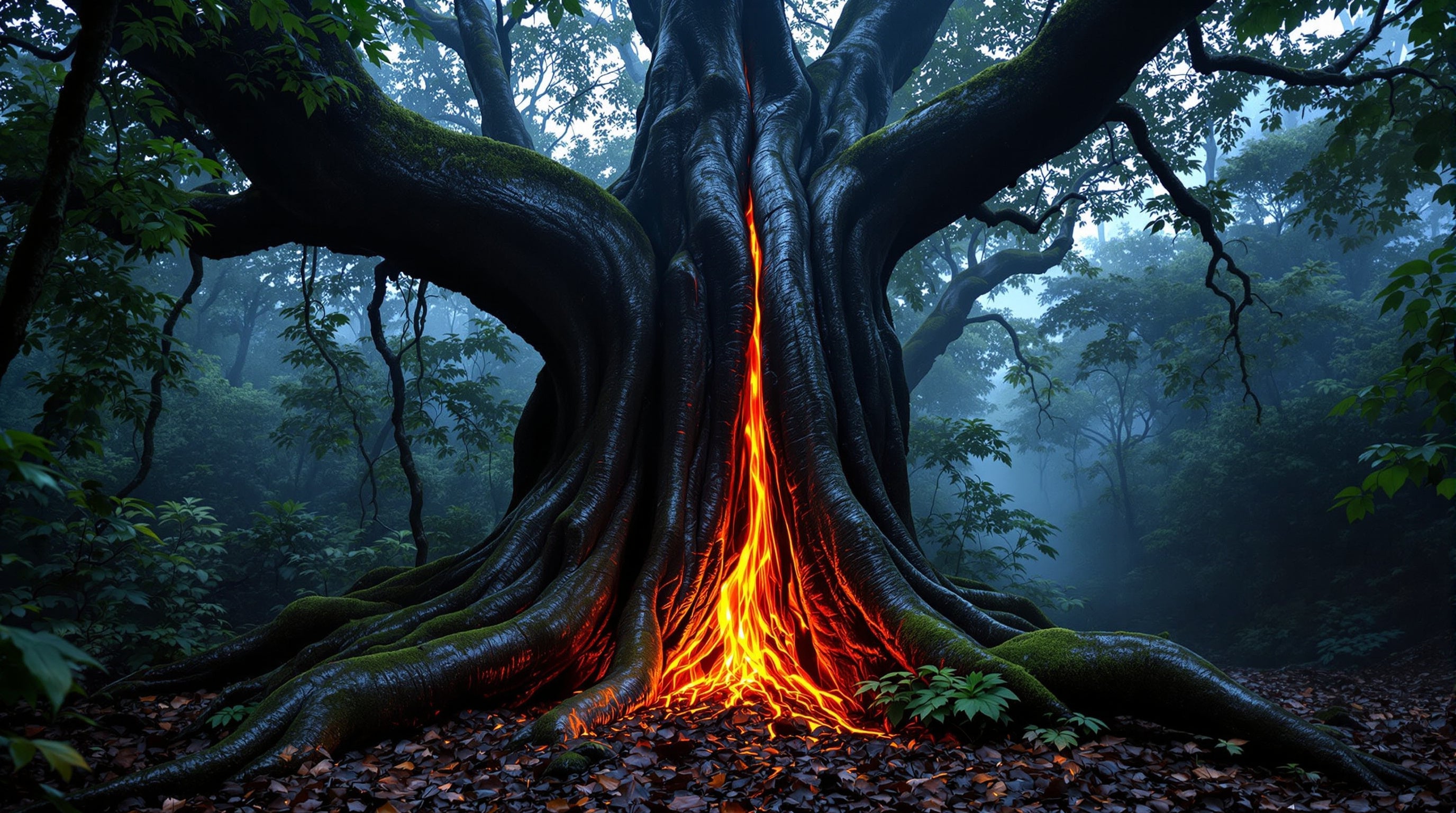 An ancient resin-bleeding agarwood tree in a misty rainforest, its dark hardened sap glowing in a low shaft of late sunlight.