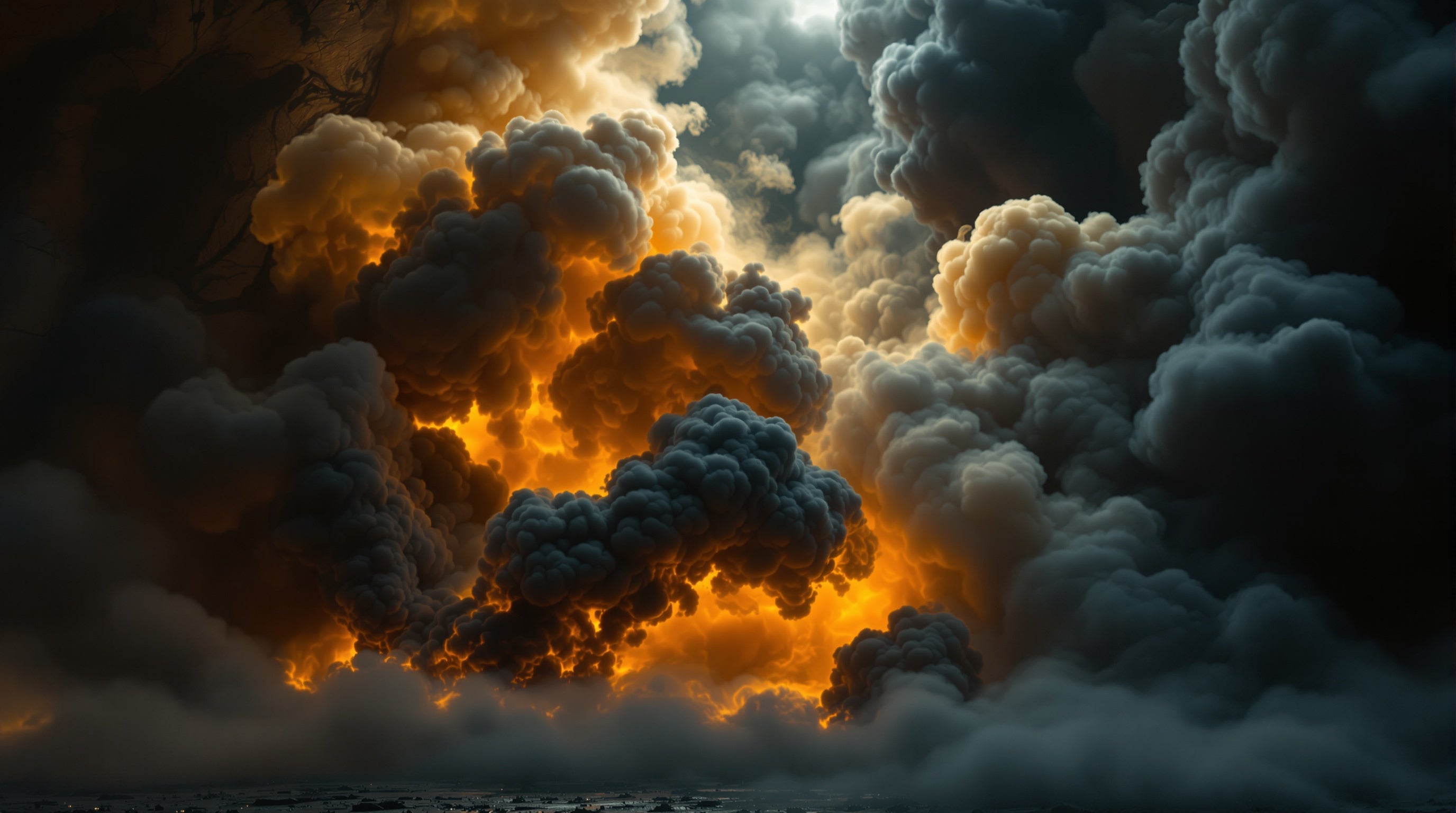 Billowing golden and dark smoke filling a dark space, evoking powerful fragrance projection