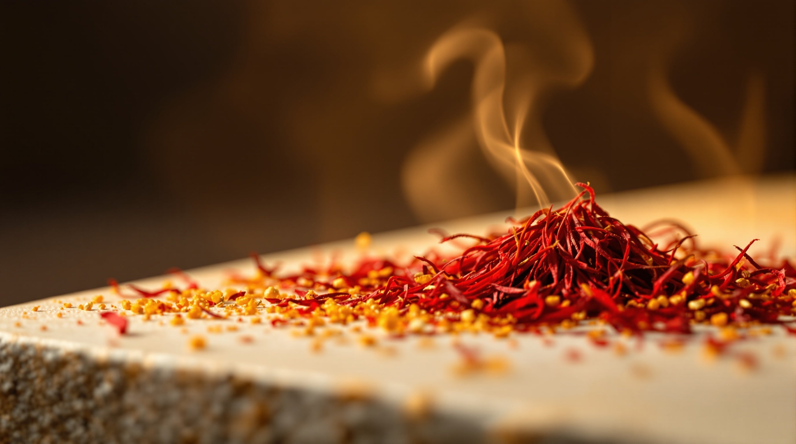 Crimson saffron threads and golden pollen on warm stone, evoking niche saffron fragrances