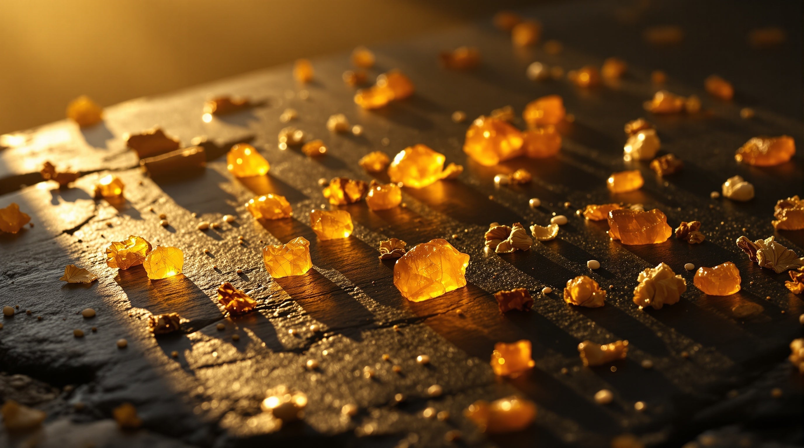 Amber resin glowing in low golden light with long shadows, evoking long-lasting fragrances