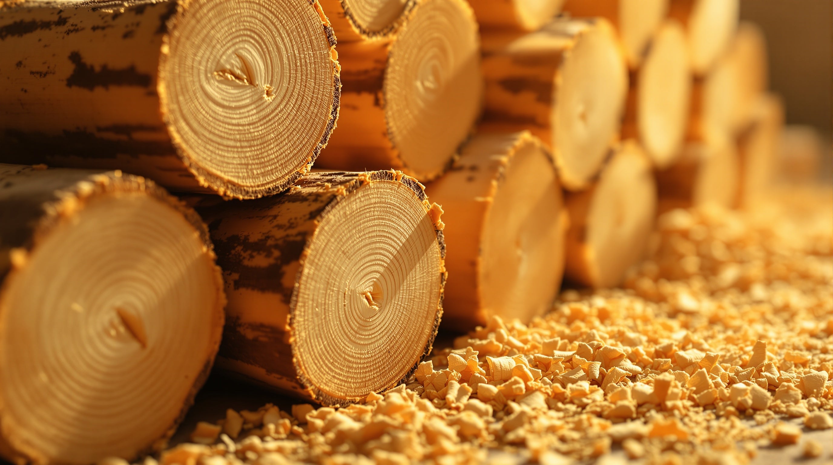 Stacked sandalwood logs and fragrant wood shavings in warm light, evoking niche woody fragrances