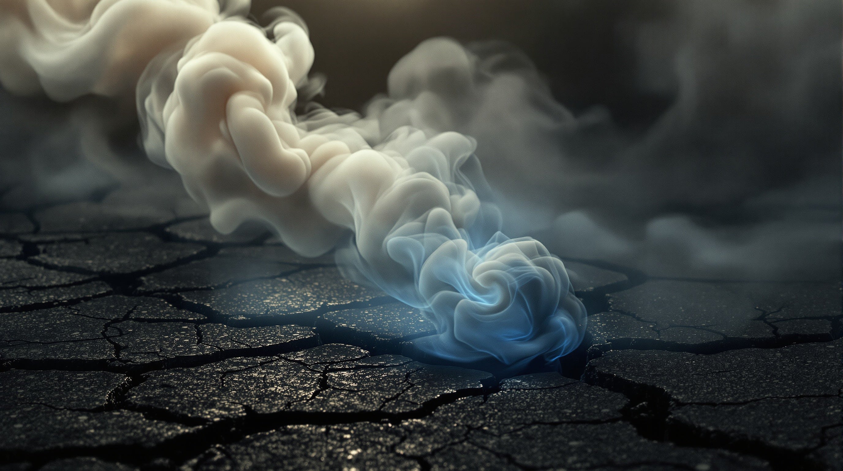 Drifting dark smoke and cold metallic vapor over cracked black stone, evoking Toskovat