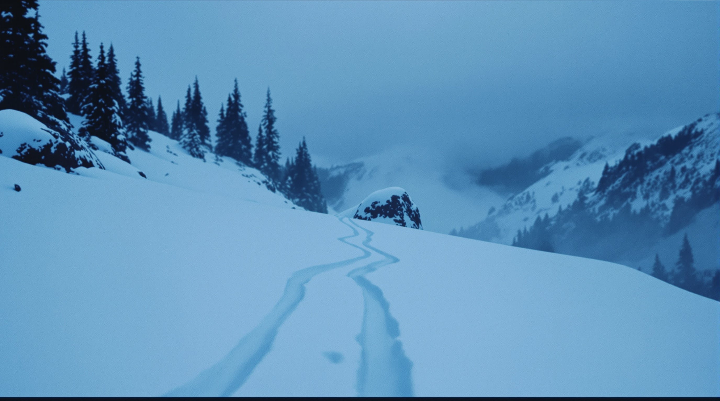 Four sets of small cloven tracks converging on a wind-scoured rock in a snowy mountain pass at blue hour