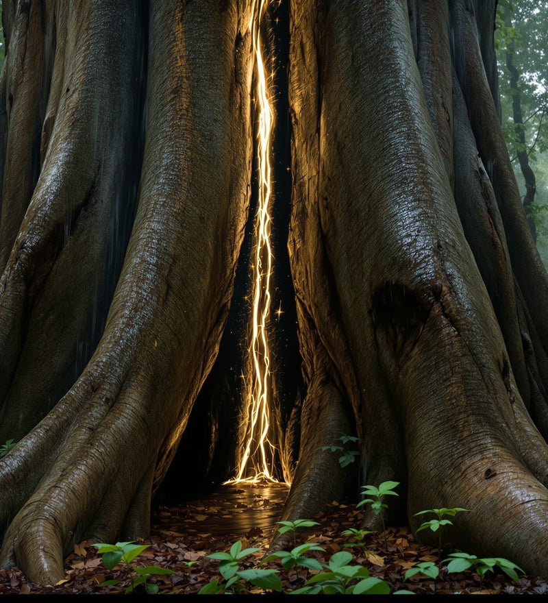 Split tropical hardwood trunk showing dark resin veins running through pale heartwood in misty forest light