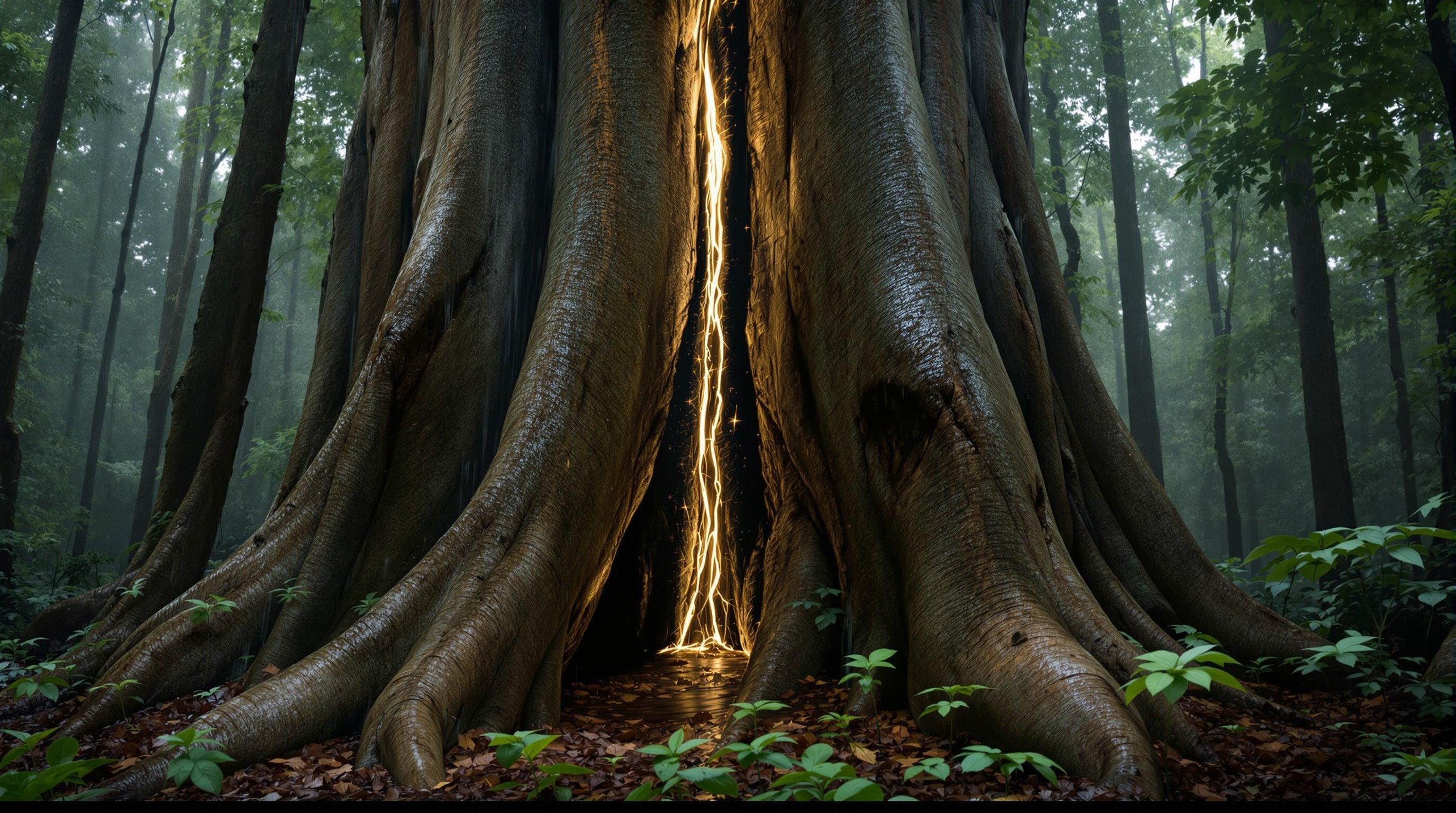 Split tropical hardwood trunk showing dark resin veins running through pale heartwood in misty forest light