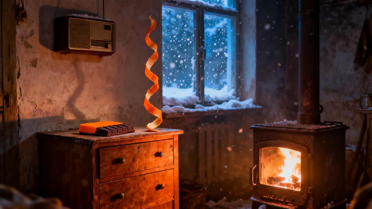 A dim village room in winter with an orange and a bar of chocolate on an old dresser, a stove and a radio, and a curl of orange peel hanging in the air.