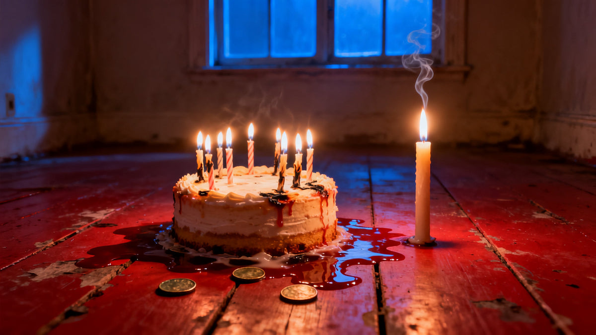 A birthday cake with burnt-down candles on a red floor beside a few tarnished coins, one candle still lit and its smoke rising in a single motionless column under cold blue window light.