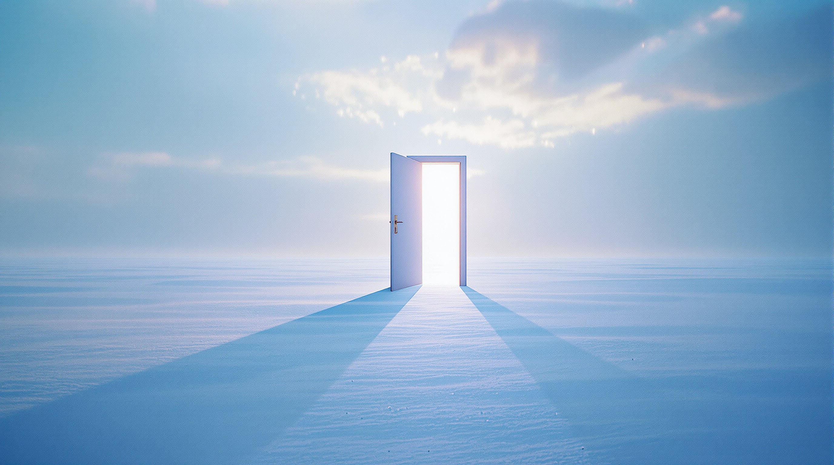 A lone doorway standing in an empty snowfield opens onto a sunlit summer grove, warm light spilling across blue snow with blossom and snowflakes suspended together in the same air.