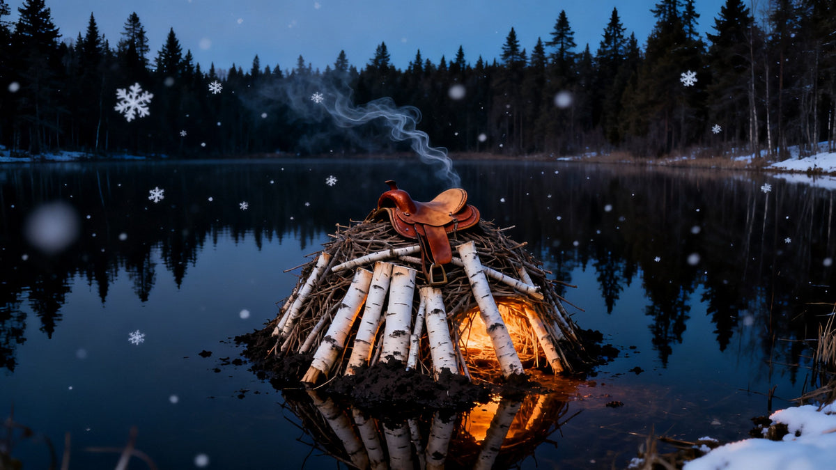 A beaver lodge of peeled birch sticks on a still black pond at dusk, a worn leather saddle on its crown, amber light inside and snowflakes suspended in the air.