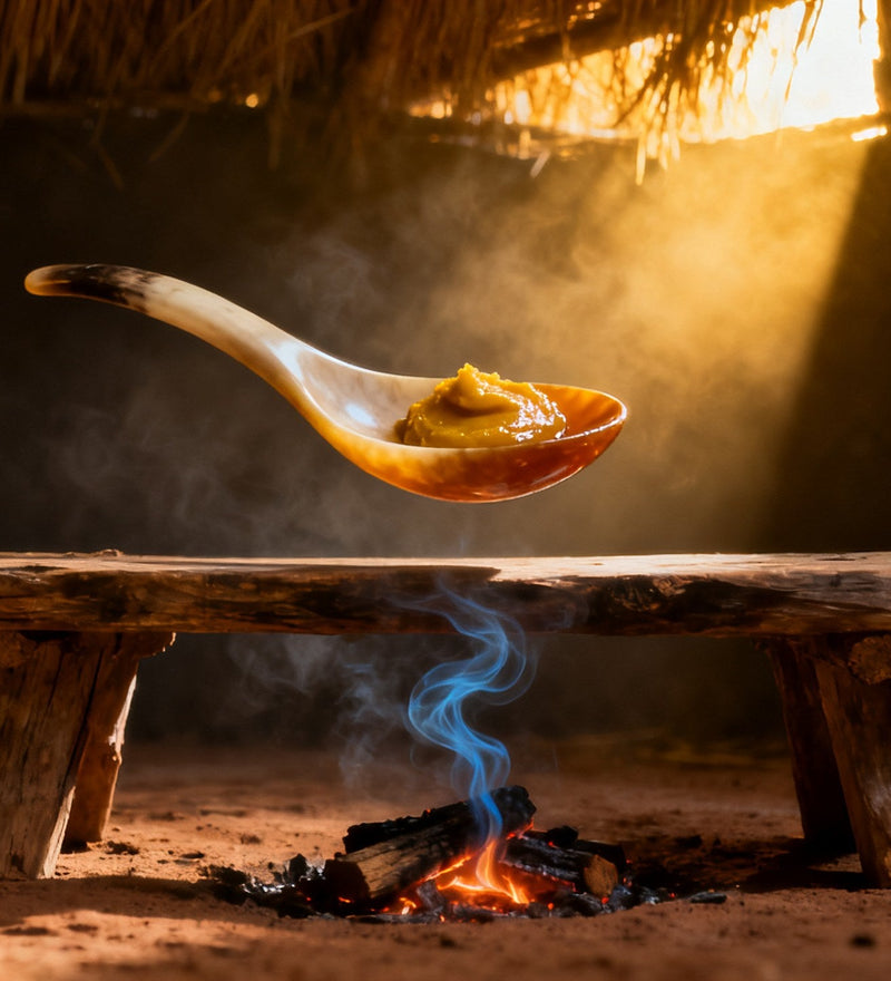 Un cucchiaio lucido di corno di mucca con una noce di pasta gialla fluttua sopra un cavalletto di legno in una stanza buia dal tetto di paglia, attraversato dal fumo e da un unico raggio di luce dorata.