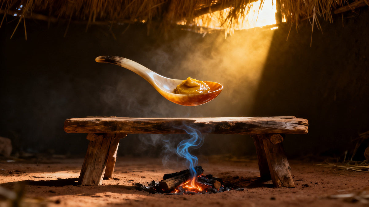 A polished cow-horn spoon holding a dab of yellow paste floats above a wooden trestle in a dark thatched room, crossed by smoke and one shaft of gold light.