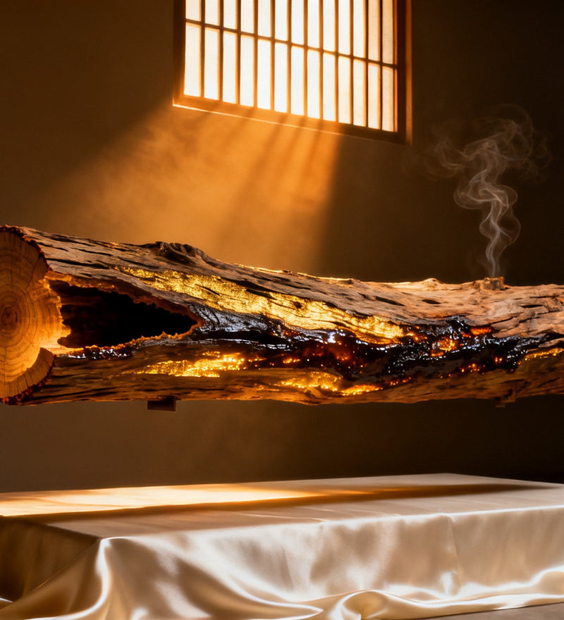 Un lungo tronco dorato di legno di agar, striato di resina scura, fluttua sopra seta chiara in un magazzino di cedro in penombra, mentre dal suo taglio più ampio sale una lieve foschia dorata.