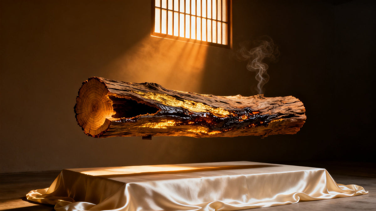 A long golden agarwood log streaked with dark resin floats above pale silk in a dim cedar storehouse, a faint golden haze rising from its largest cut.