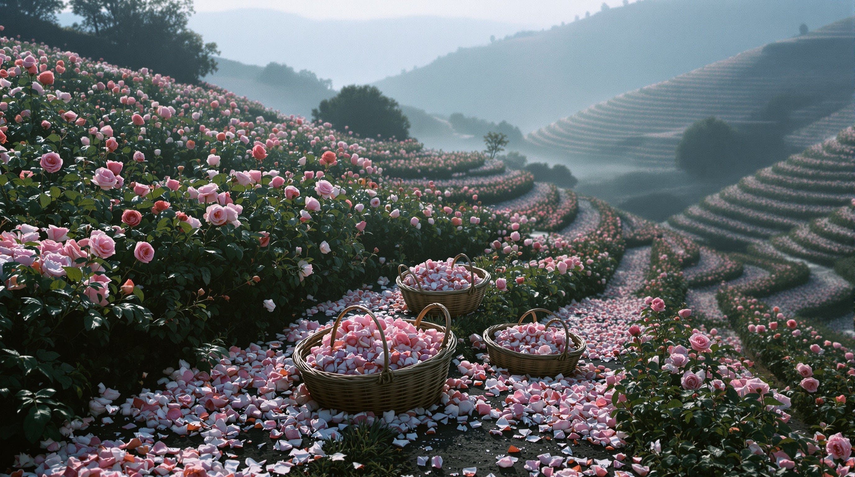 Rose field at dawn with woven baskets of freshly picked petals resting between the rows