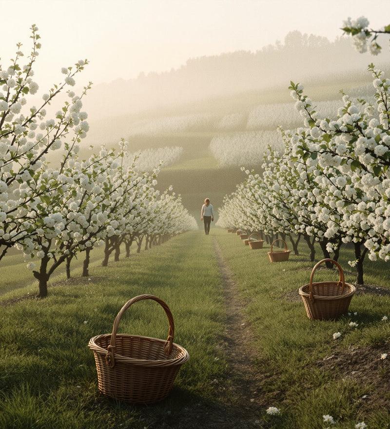 Blossom harvest baskets on a misty hillside orchard at dawn