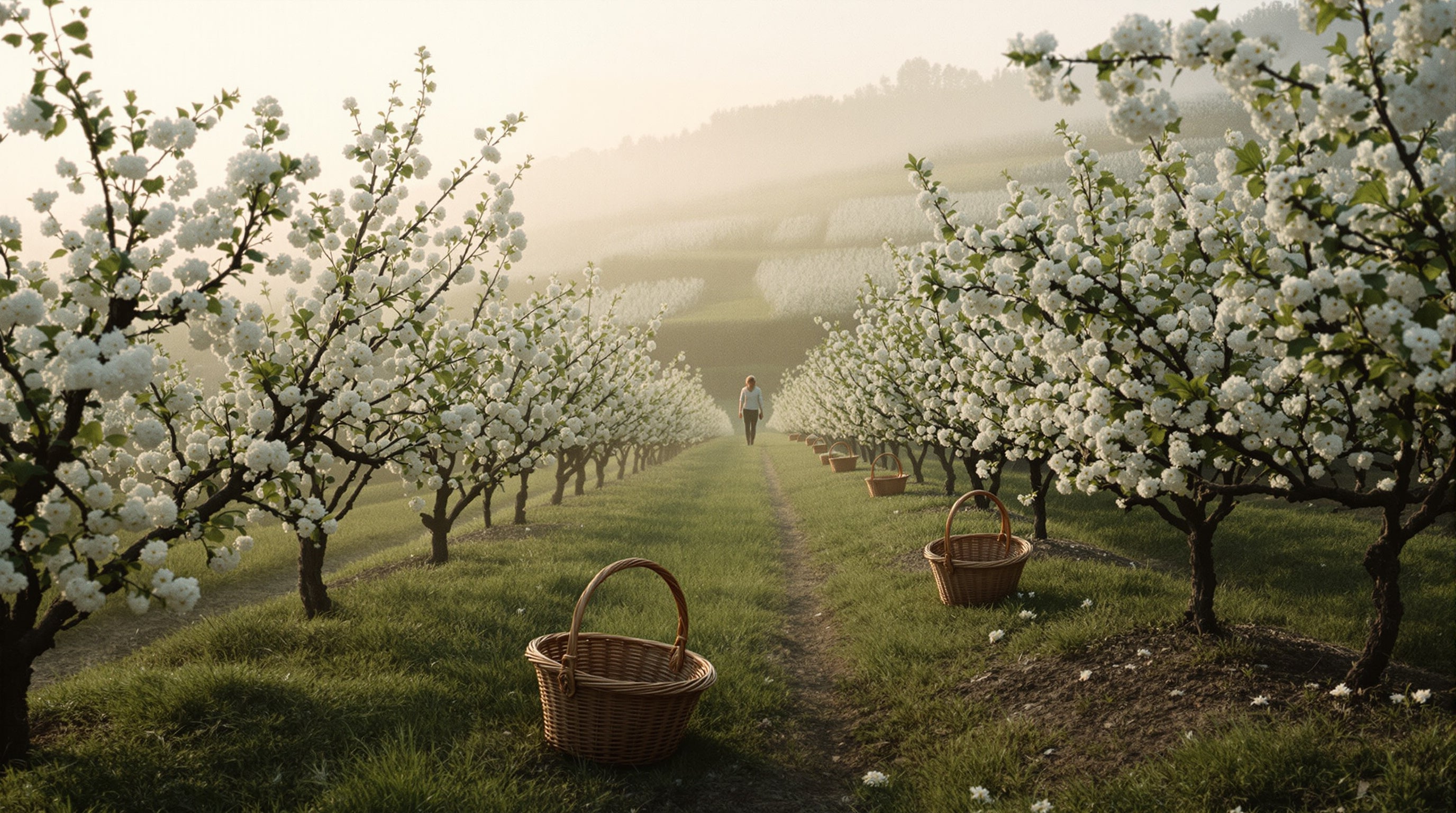 Blossom harvest baskets on a misty hillside orchard at dawn