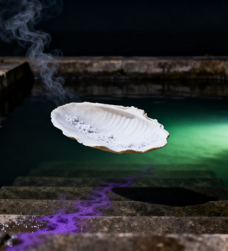 A salt-crusted cuttlebone floating above black water in a stone basin at night, a green glow below and violet ink on the wet steps, evoking Zoologist Squid