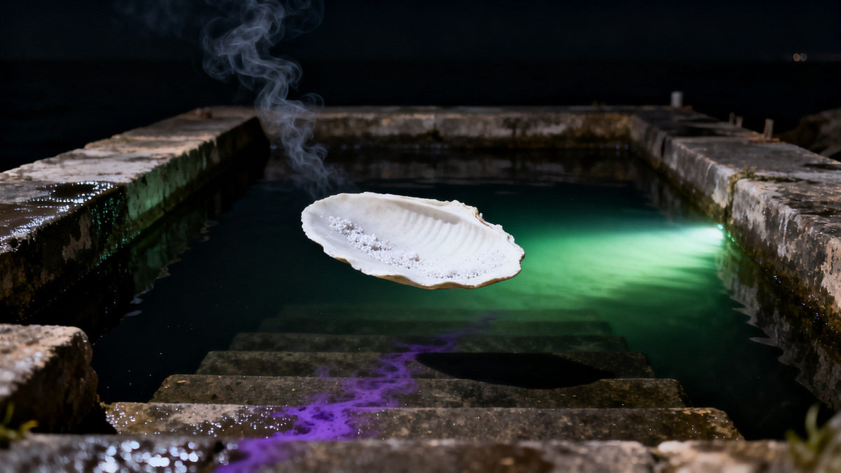 A salt-crusted cuttlebone floating above black water in a stone basin at night, a green glow below and violet ink on the wet steps, evoking Zoologist Squid