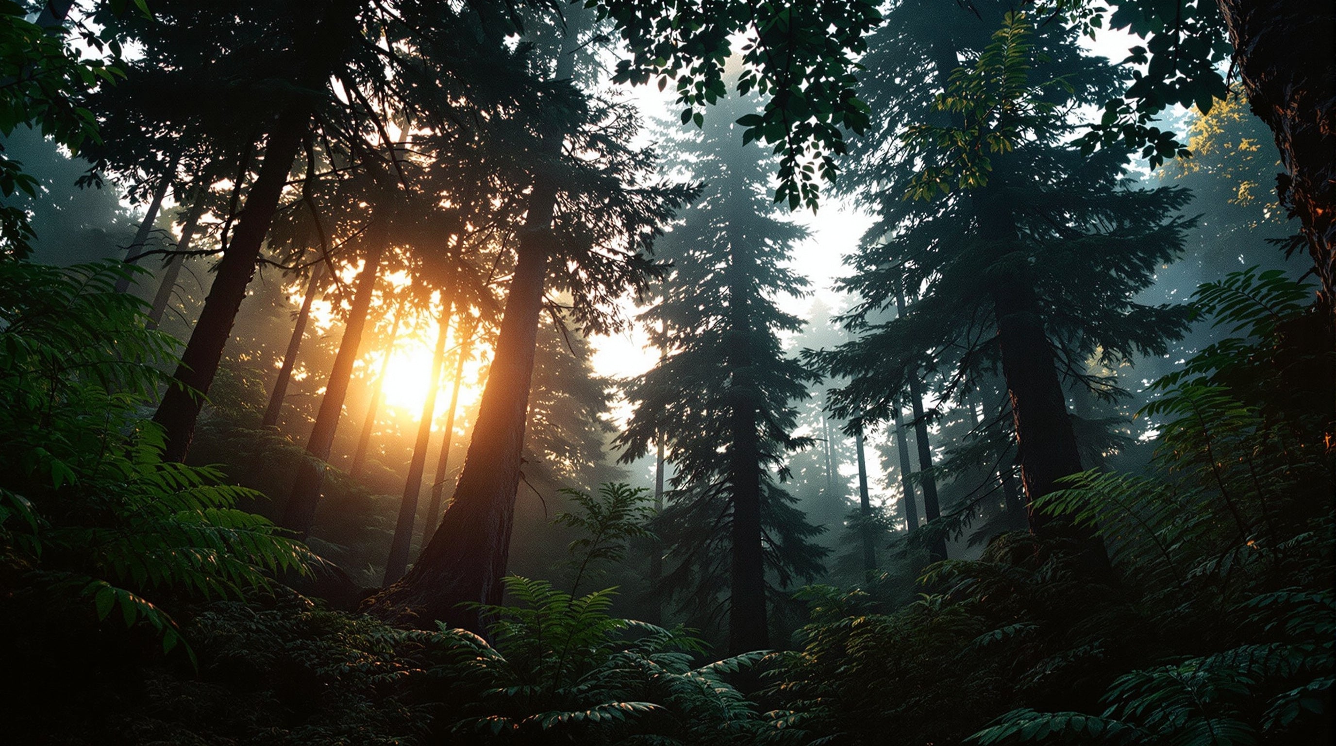 A humid prehistoric forest canopy with a hot copper glow burning through the upper leaves.