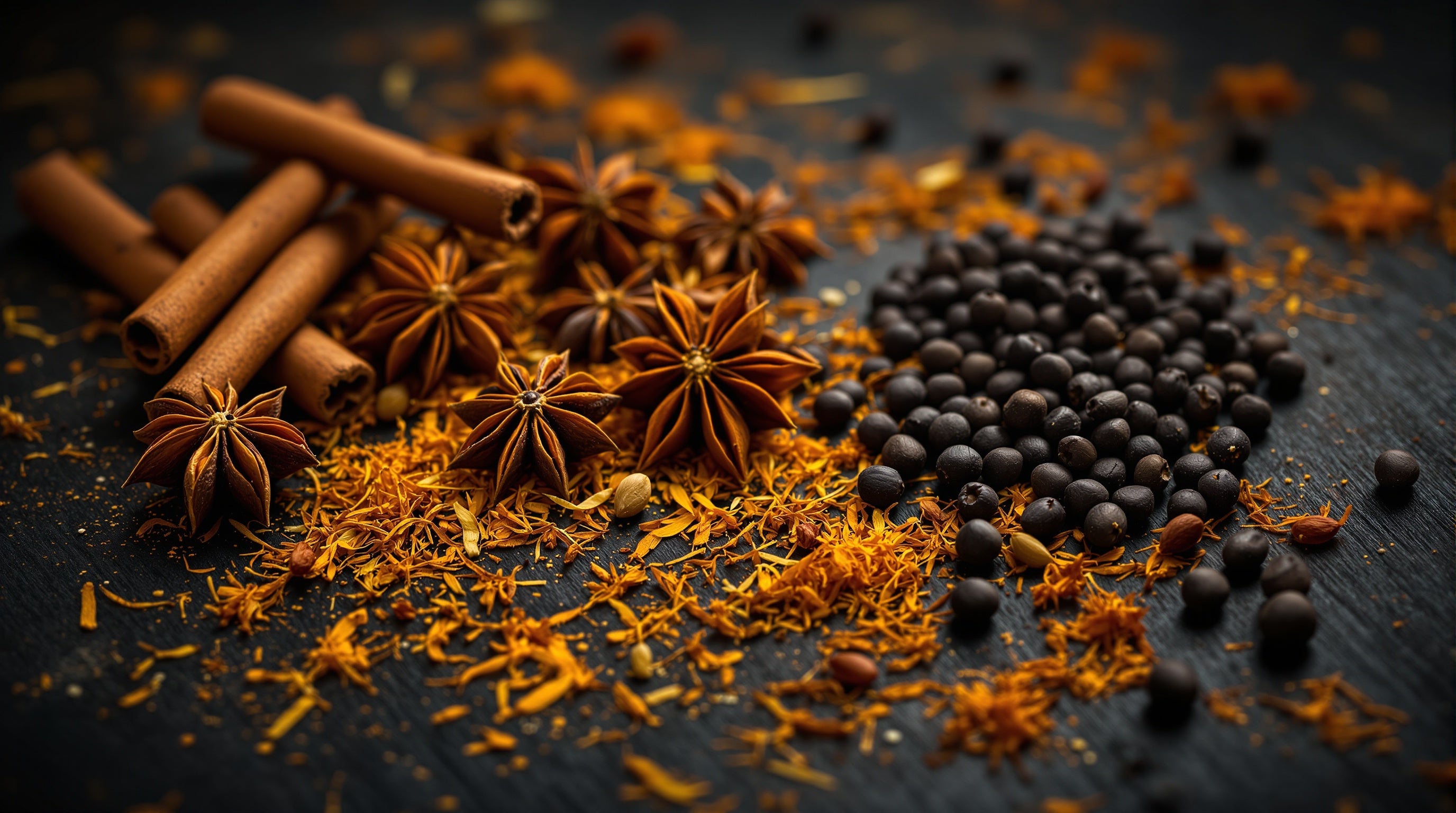 Warm spices: cinnamon, star anise, saffron and pepper