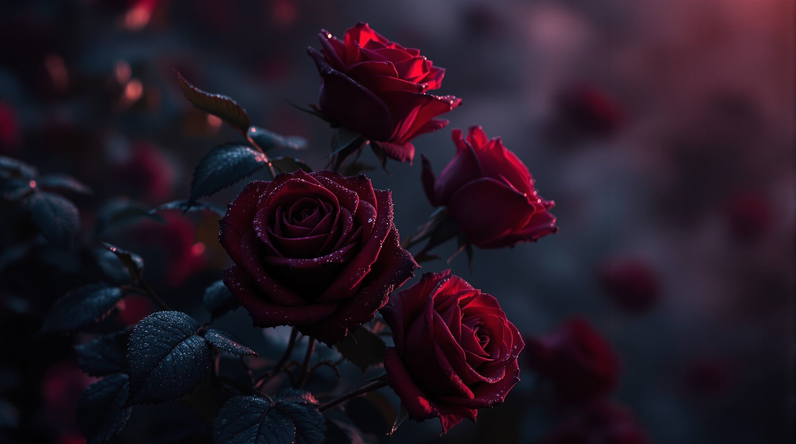 Deep crimson roses at twilight