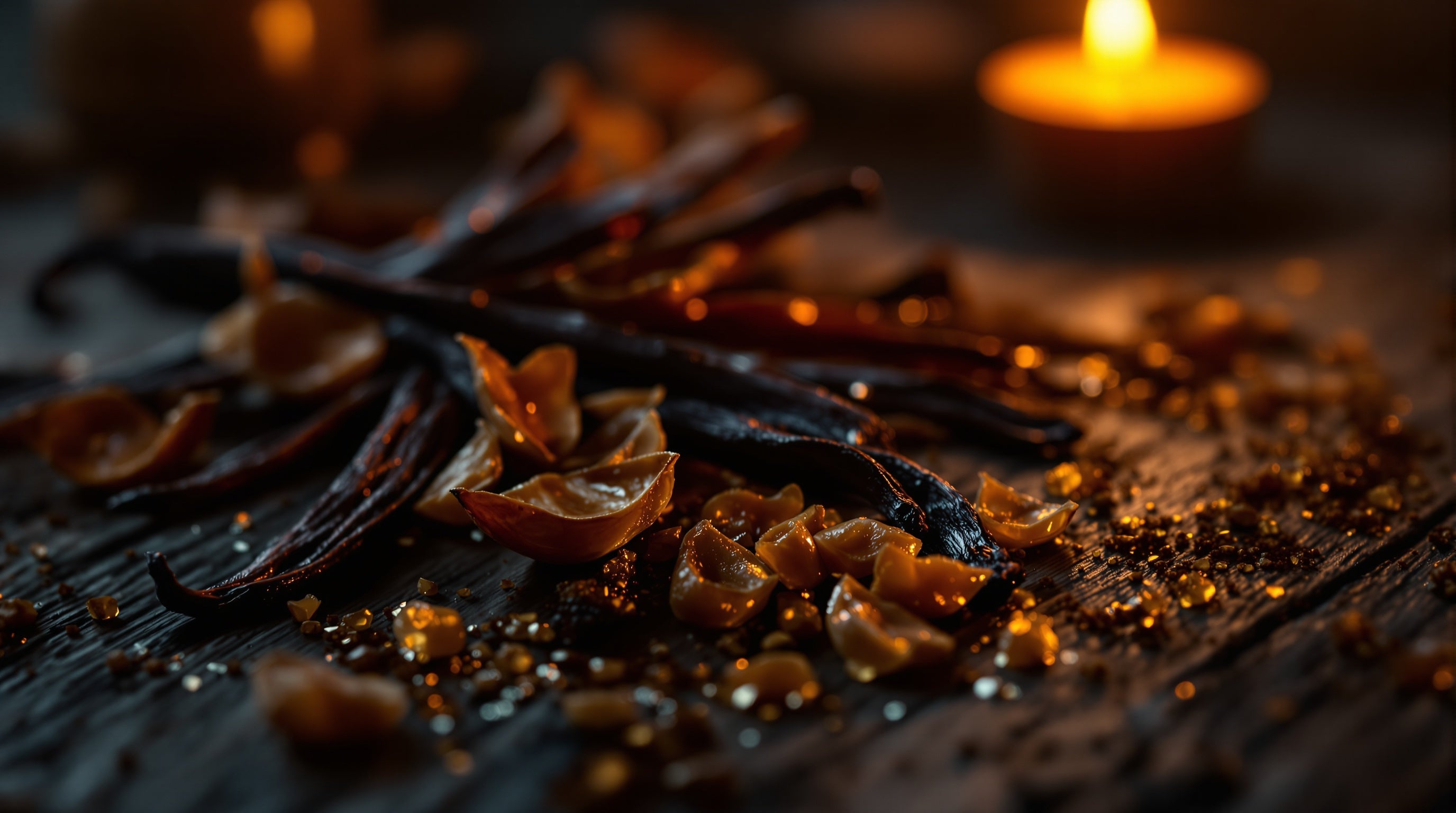 Vanilla pods and amber resin by candlelight