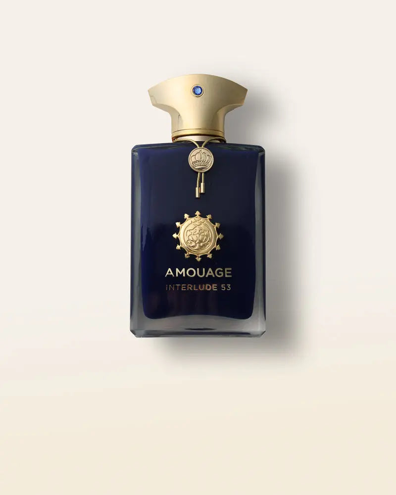 Amouage Interlude 53, a luxurious, resinous niche fragrance blending oud, amber, incense, and leather.
