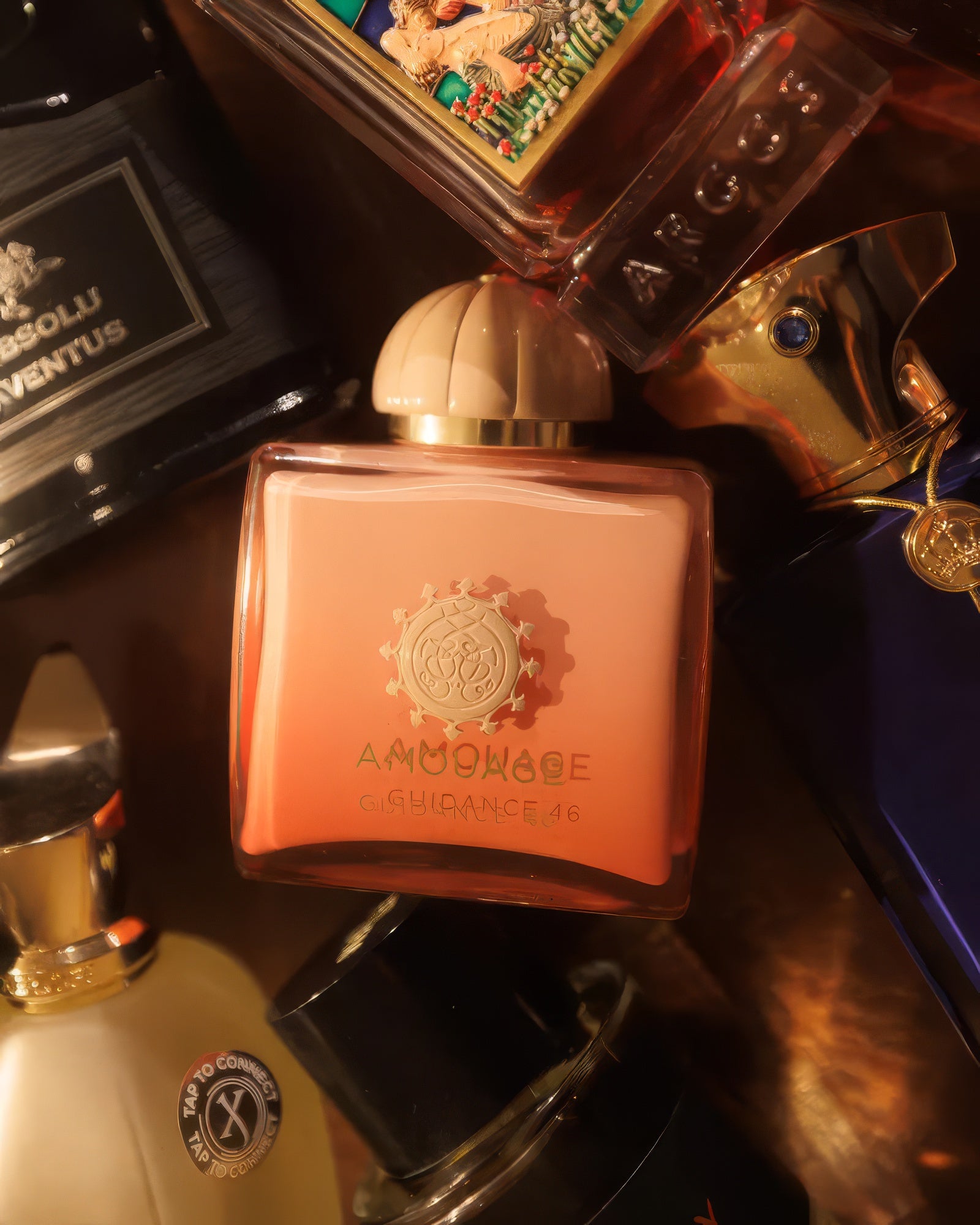 Amouage Guidance 46 bottle nestled among other niche flacons in warm collector's light, floral amber fragrance decant