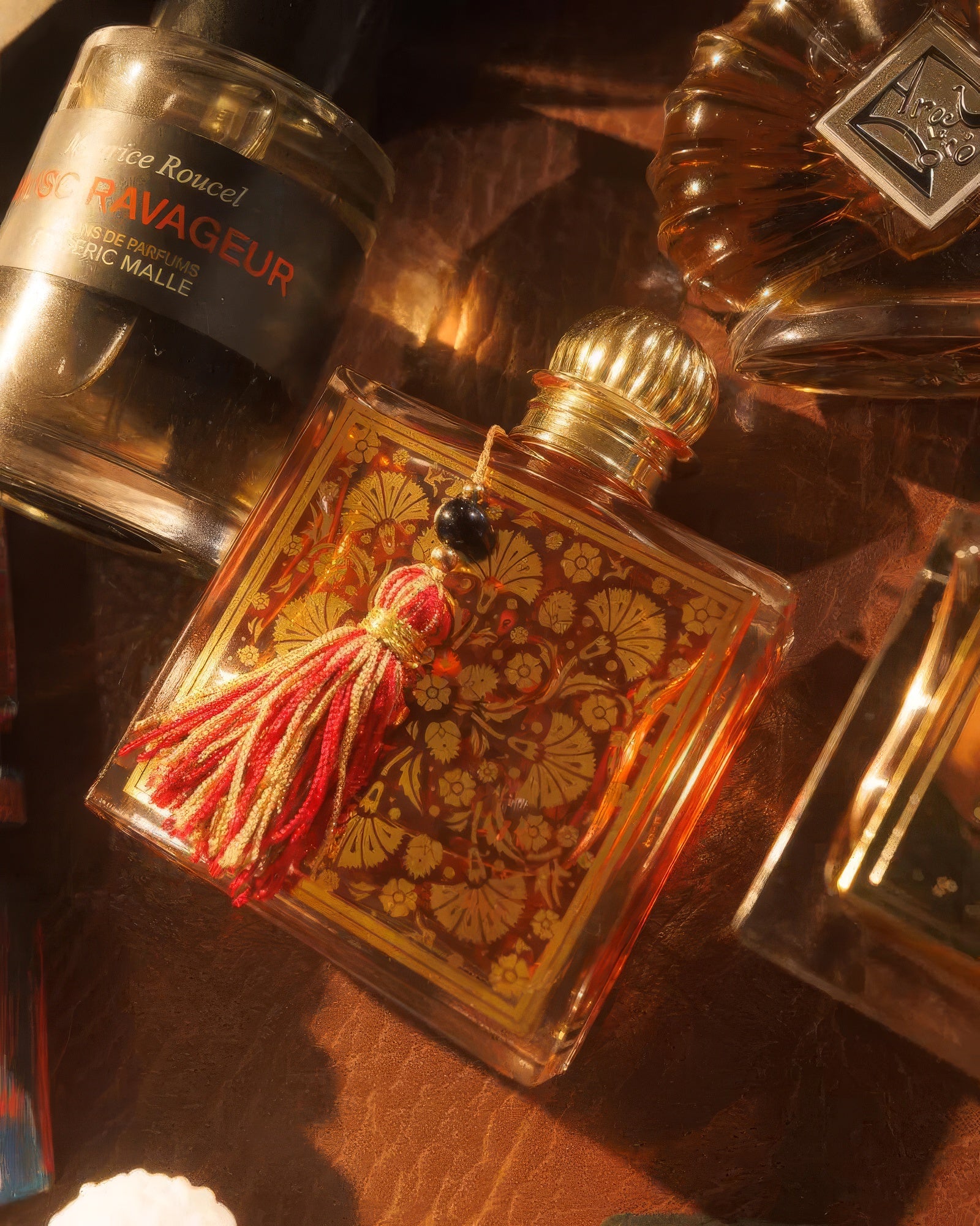 MDCI Chypre Palatin flacon aglow on warm brown leather among niche perfume bottles, leathery chypre extrait sample