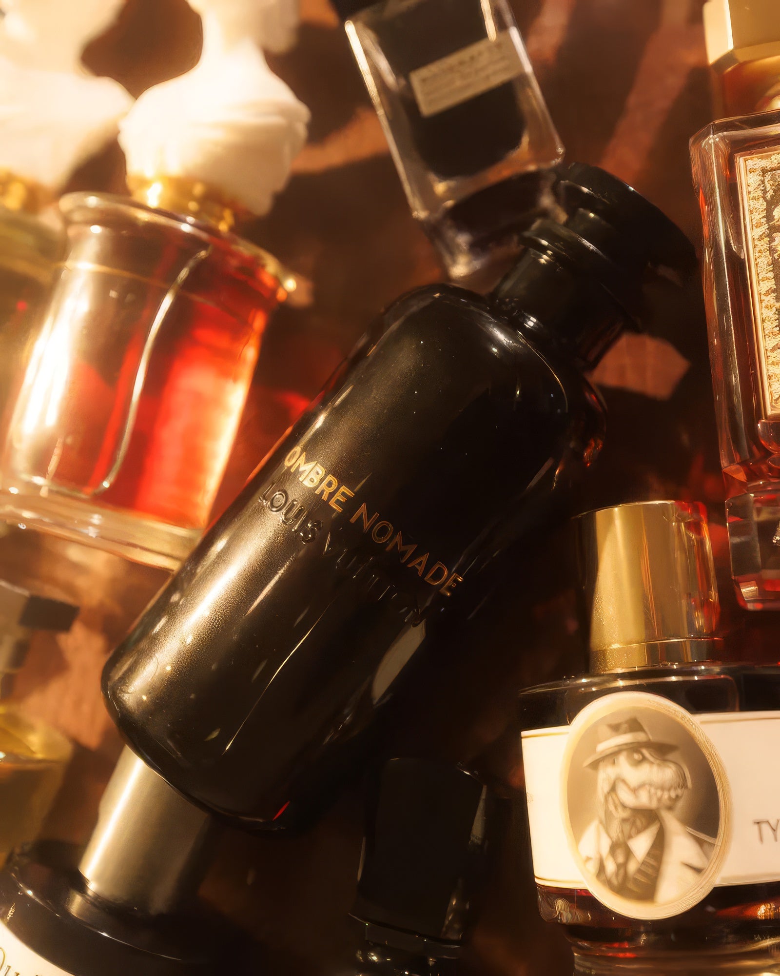 Louis Vuitton Ombre Nomade 暖金光線中側臥於眾香水瓶間，煙燻烏木小眾香水分裝