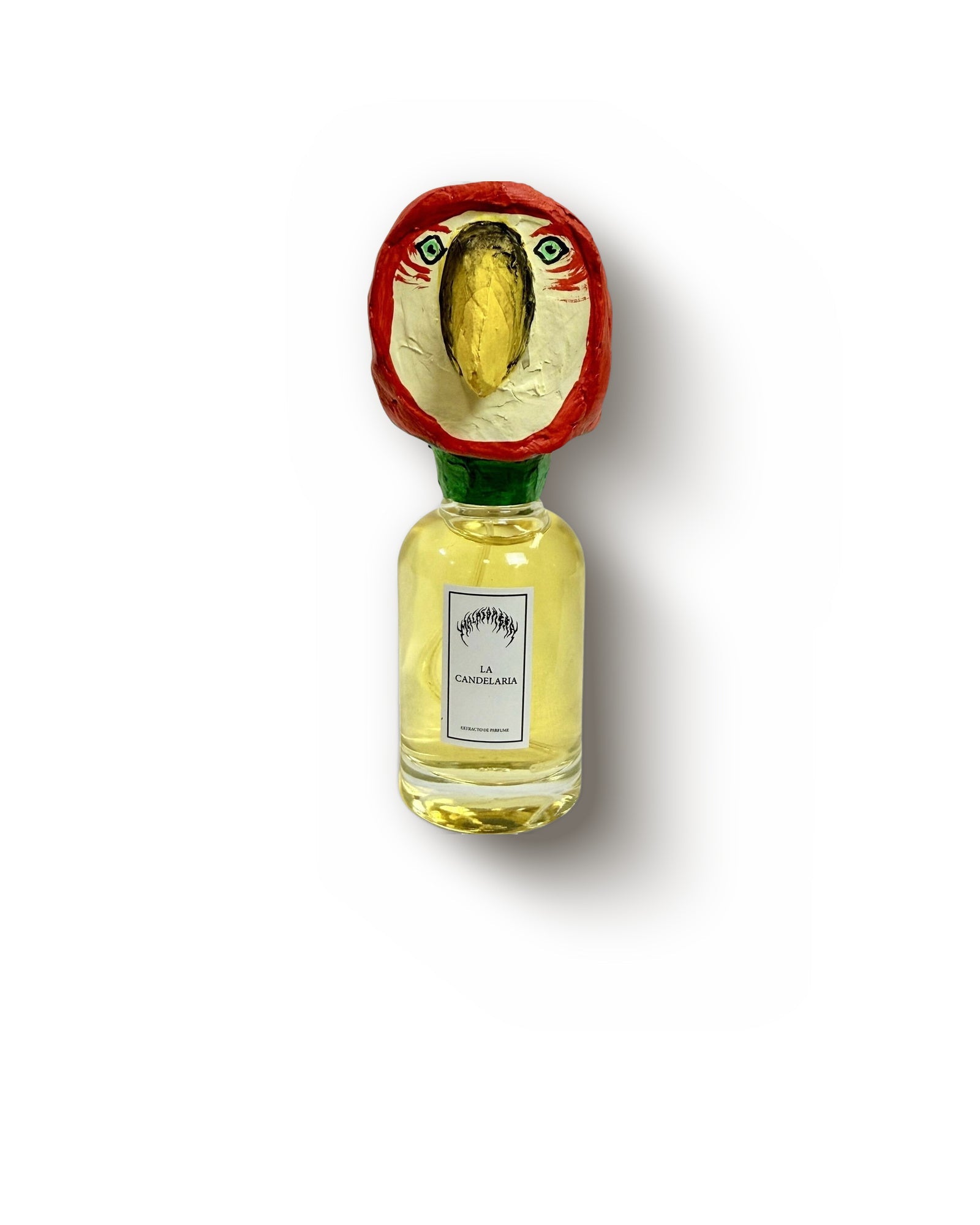 Alejandro Acosta La Candelaria hand-sculpted flacon topped with a painted parrot head, tropical fruit extrait decant