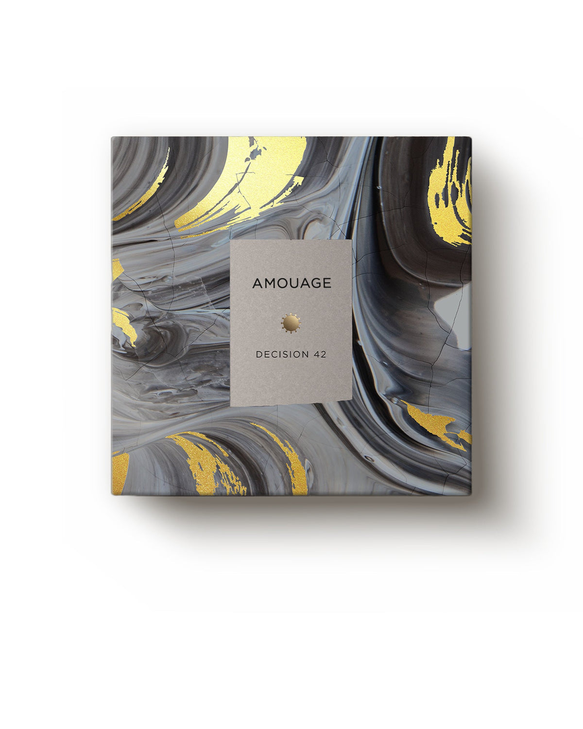 The Amouage Decision 42 box, marbled grey with gold strokes and a label reading AMOUAGE and DECISION 42.