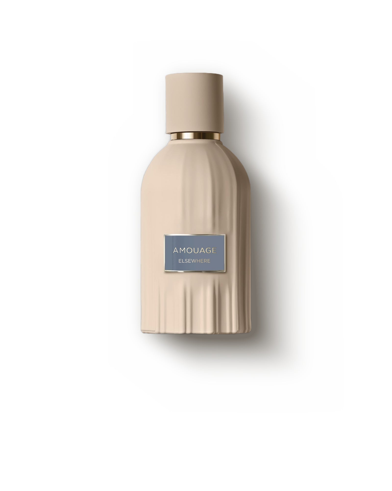 Amouage Elsewhere, a tall clear flacon of amber juice with a blue-grey metal plaque at the shoulder, photographed square-on against a plain pale ground.