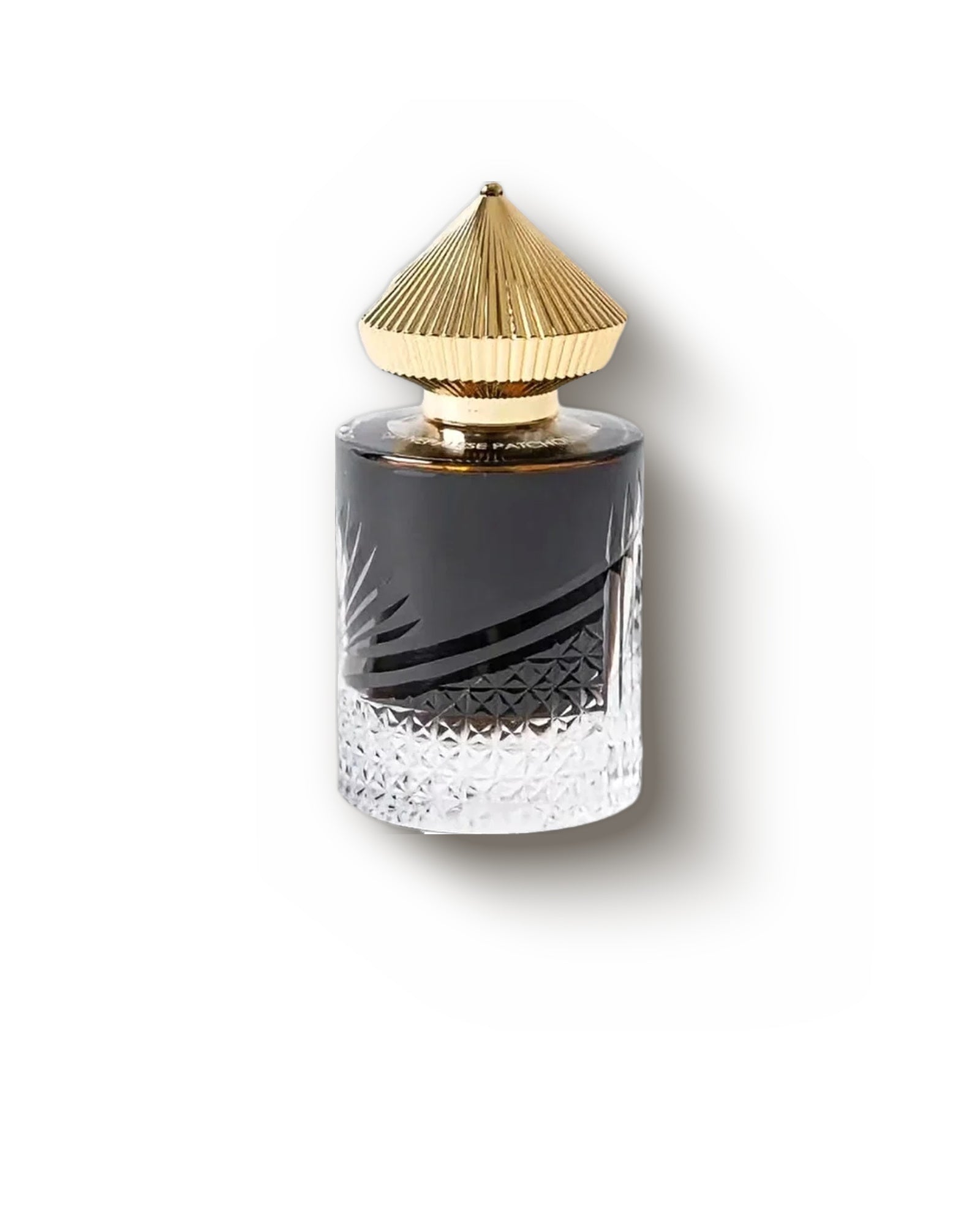 Areej Le Doré Nepalese Patchouli smoked-glass flacon with pleated gold cap and cut-crystal base, earthy patchouli extrait de parfum decant