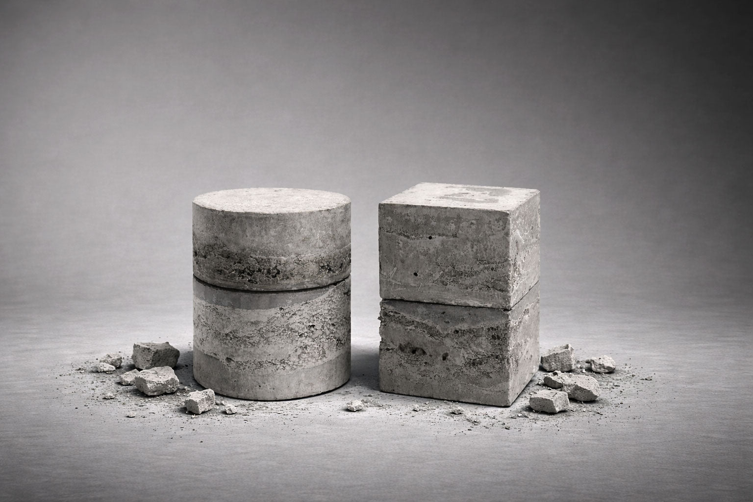 Bidzina Kanchaveli Color Series concrete flacons, cylinder and cube, on raw concrete with broken fragments