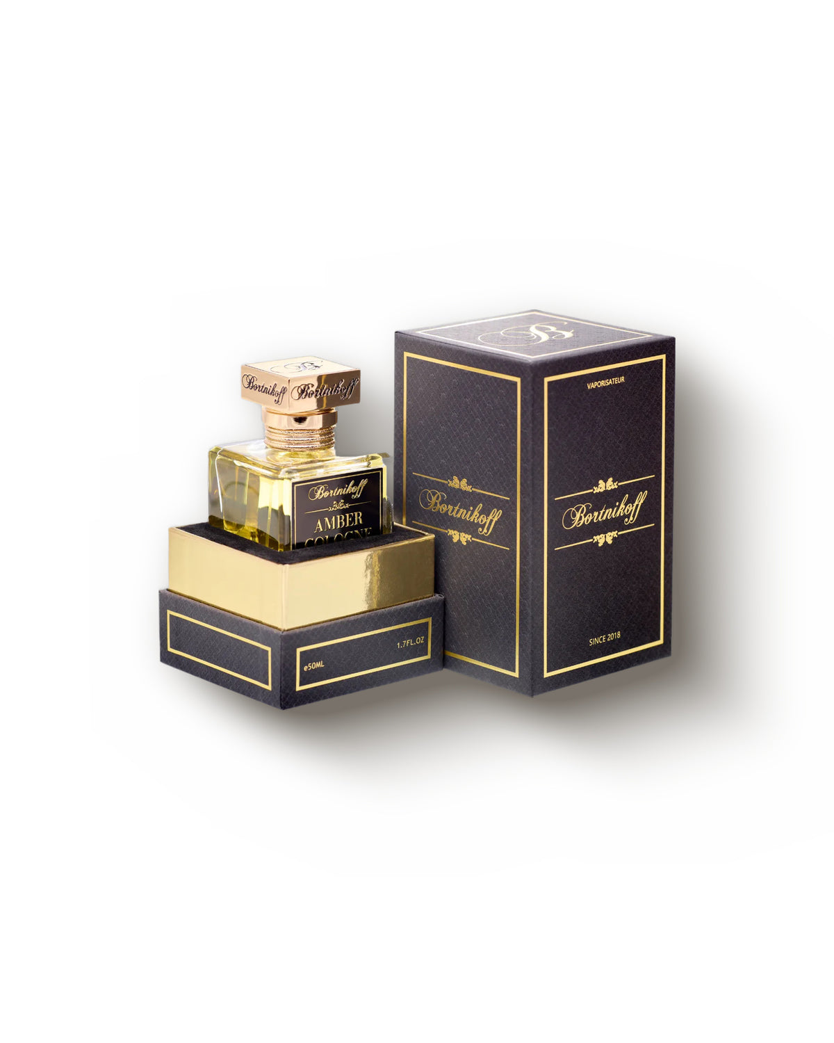 Amber Cologne standing beside its navy and gold Bortnikoff box, both photographed square on a plain white ground