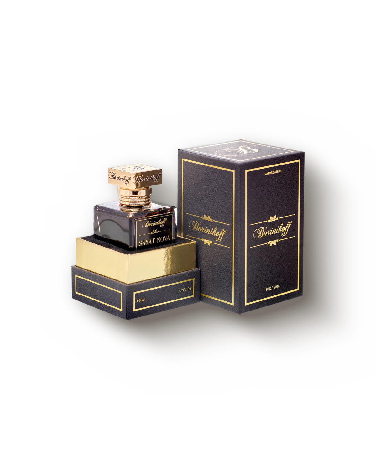 Sayat Nova beside its navy and gold Bortnikoff box, the bottle resting on the open lid, both centred on plain white