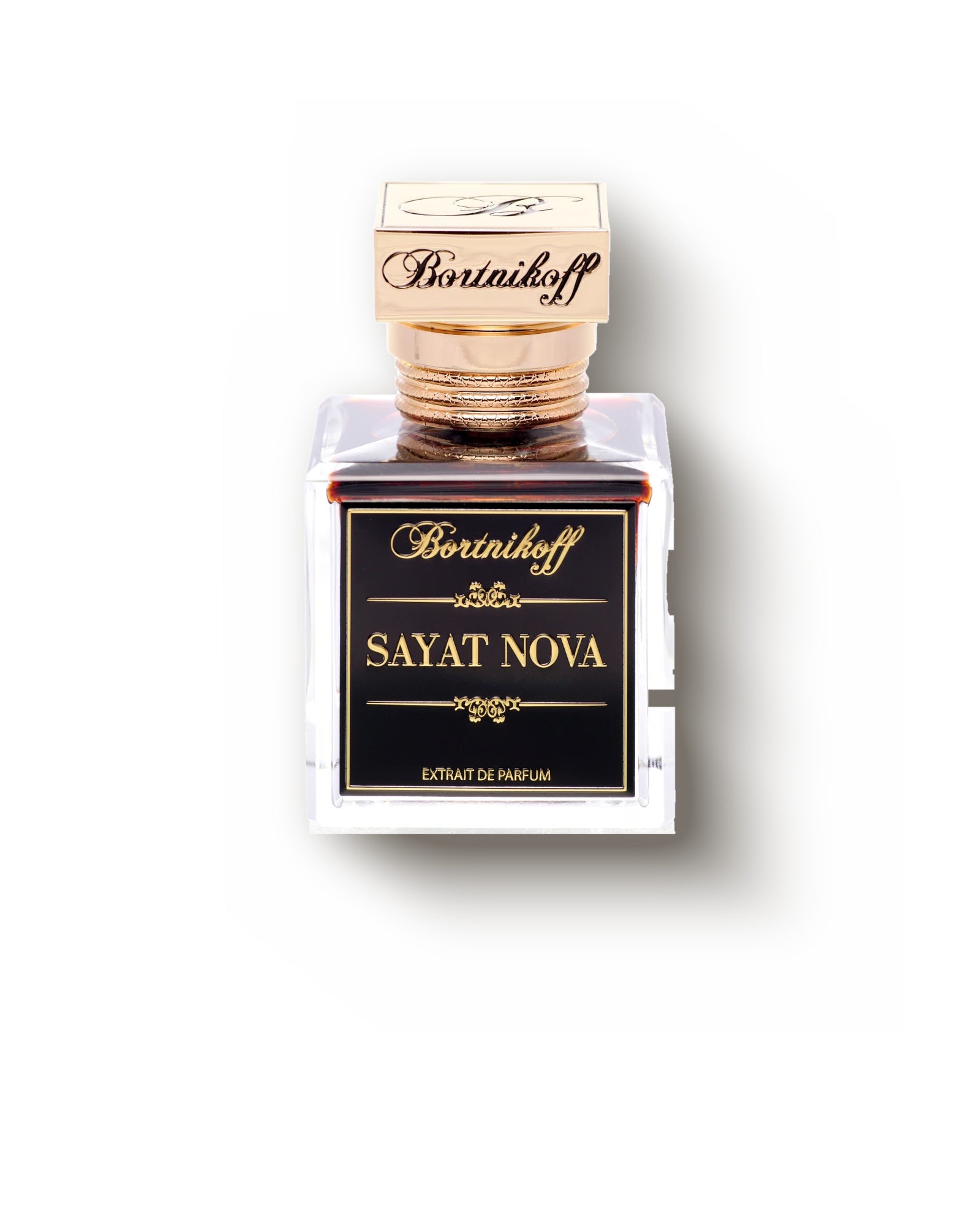 Bortnikoff Sayat Nova extrait de parfum, pale amber juice in a clear square flacon with a ridged rose-gold cap and a black and gold label