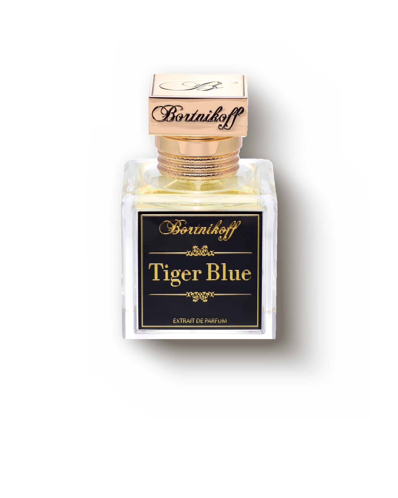 Bortnikoff Tiger Blue extrait de parfum, clear glass holding pale gold juice under a ridged rose-gold cap, the label set in black and gold