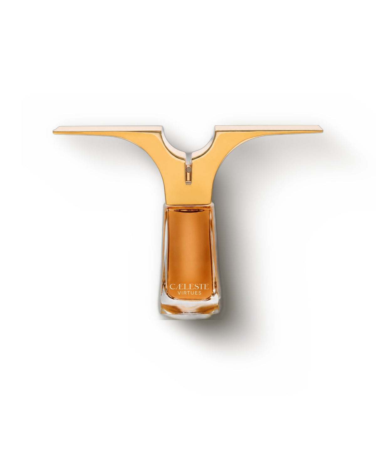 Caeleste Virtues, front view: the winged gold cap spread level above a tapered bottle of amber juice marked CAELESTE VIRTUES.
