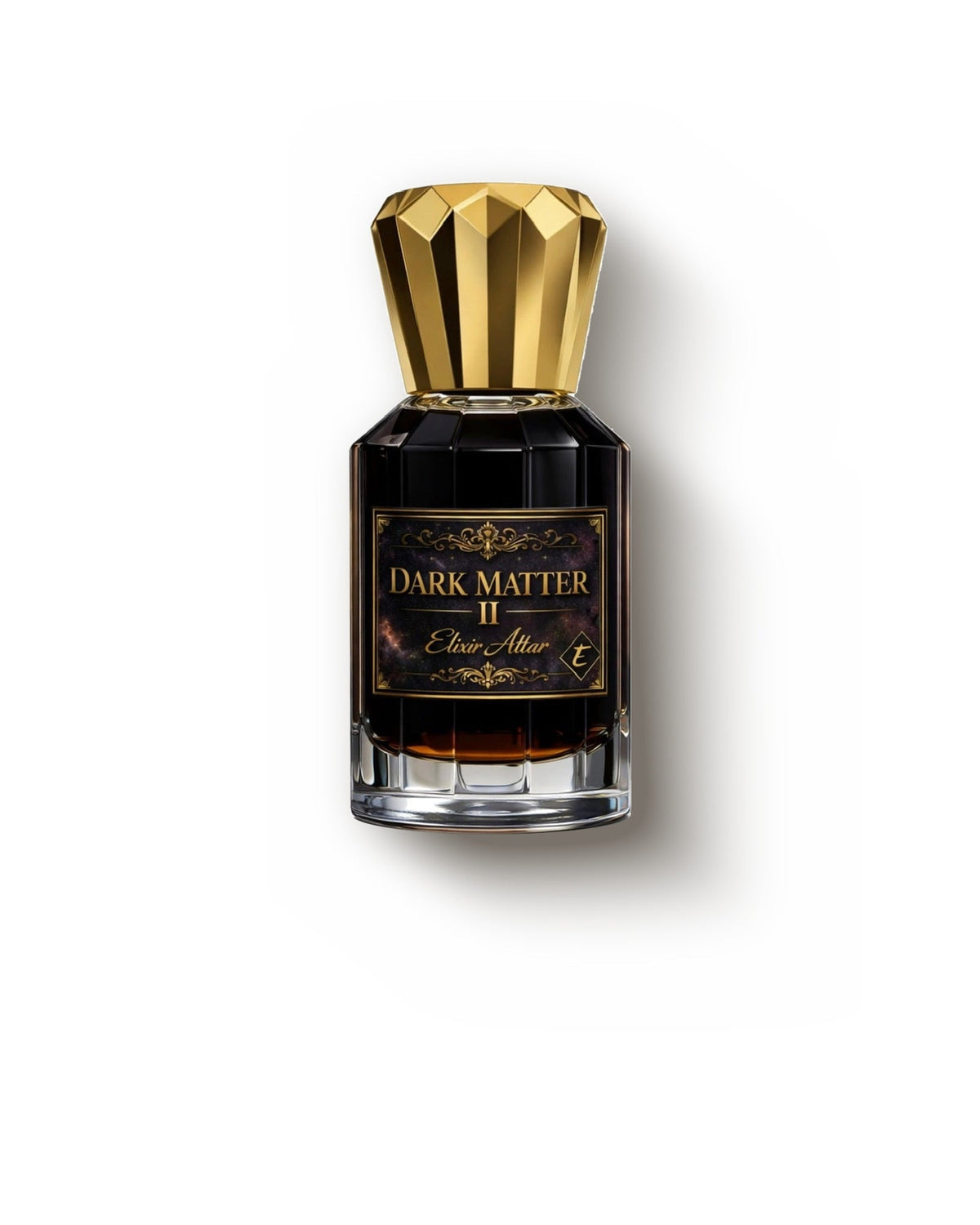 Elixir Attar Dark Matter II, a tall faceted flacon of near-black juice under a large gold crown cap, label reading Dark Matter II