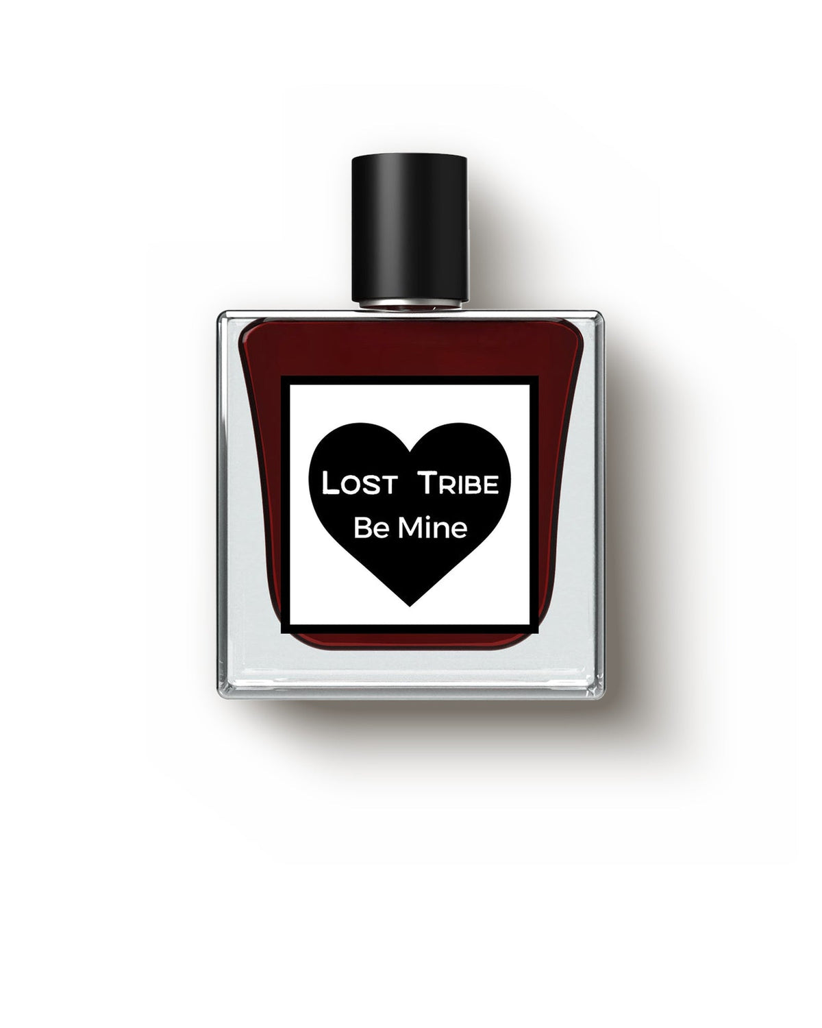 Lost Tribe Be Mine, a clear square flacon of dark red juice with a black cap, photographed square on, its white label carrying a black heart