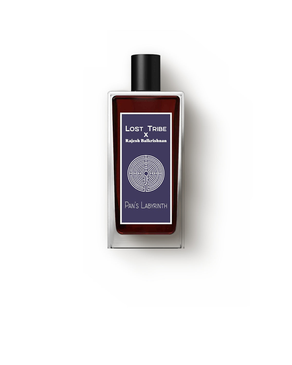 Lost Tribe Pan's Labyrinth v1, front view: a tall rectangular bottle with a black cap and a violet label reading Lost Tribe x Rajesh Balkrishnan above a labyrinth emblem.