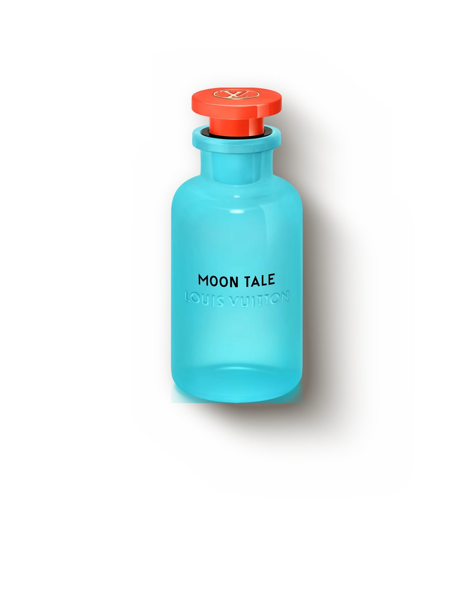 The Louis Vuitton Moon Tale flacon standing upright, opalescent turquoise glass under a deep coral lacquered cap, shot square-on against a plain pale ground.