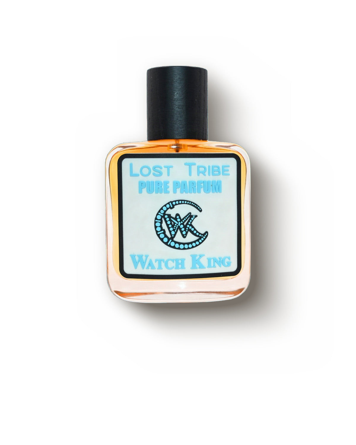 Lost Tribe Watch King, front view: a rounded square bottle of amber juice under a dark wooden cap, its off-white label framed in black and lettered in sky blue: Lost Tribe, Pure Parfum, a WK monogram and Watch King.