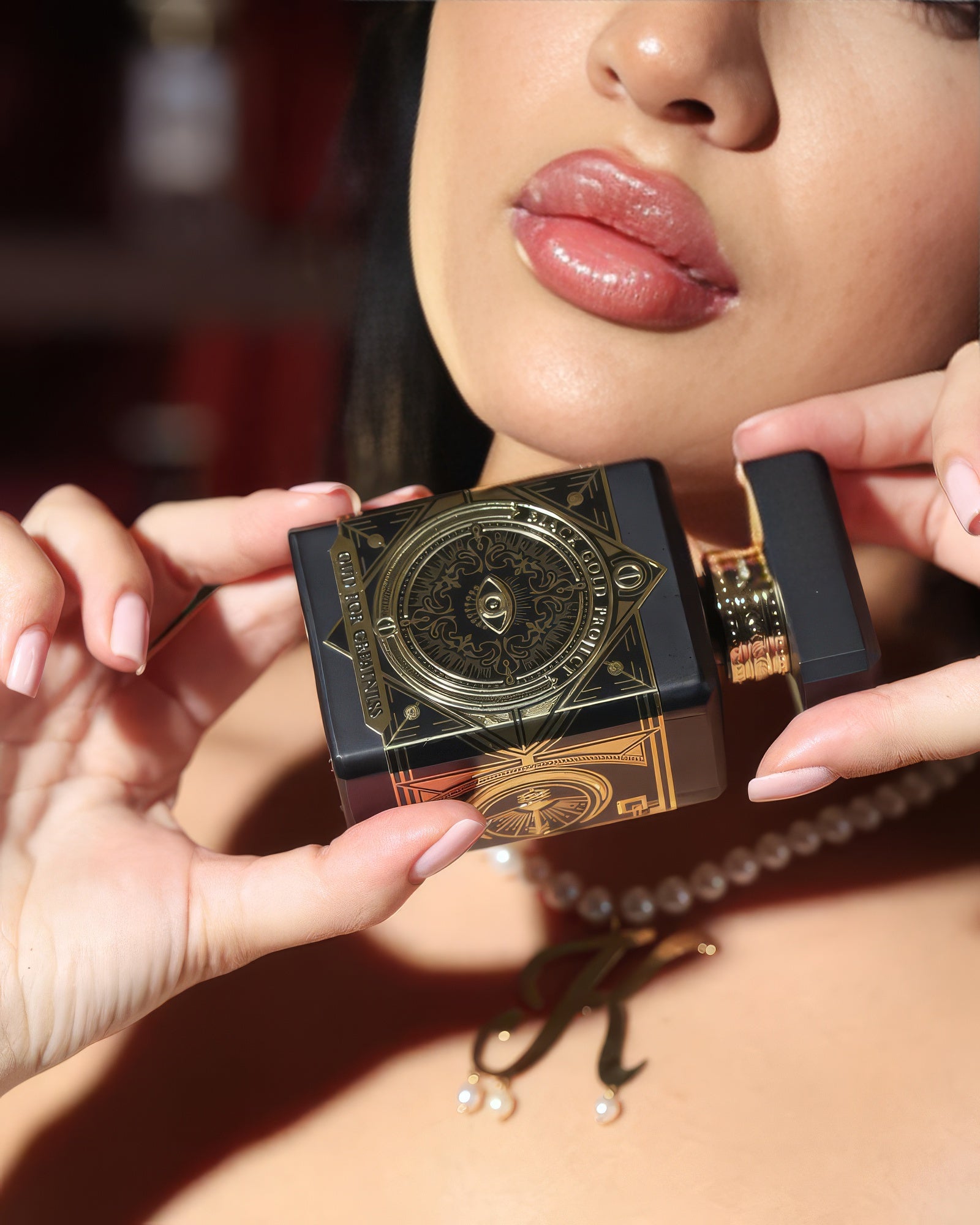 Initio Oud for Greatness flacon held to her lips in warm light, model uncapping the spicy oud niche perfume decant